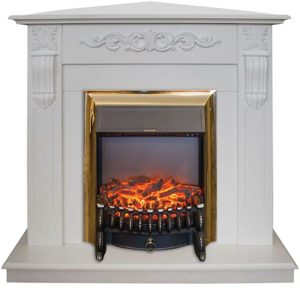Каминокомплект RealFlame Dominica Corner STD/EUG WT с очагом Majestic Lux Brass S